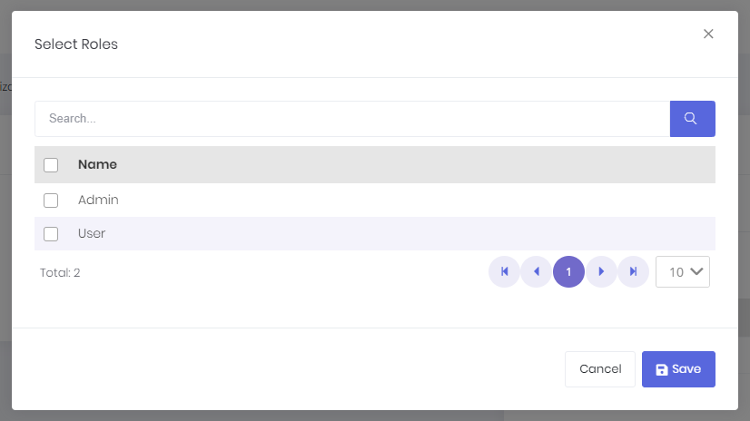 Select a role dialog Select a role dialog