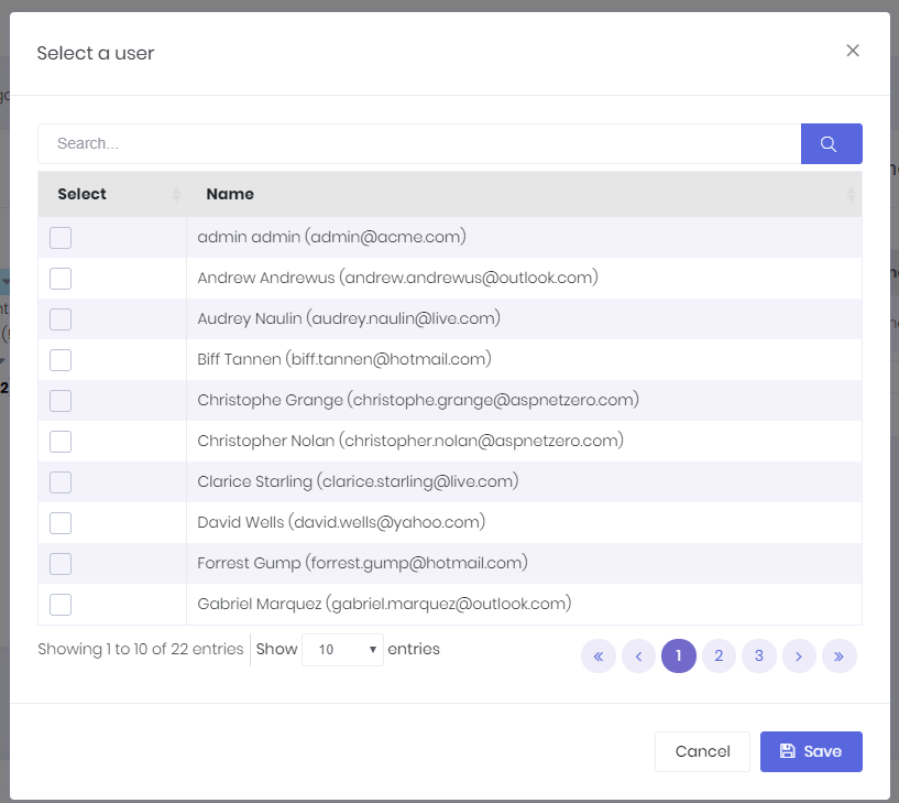 Select a user dialog Select a user dialog
