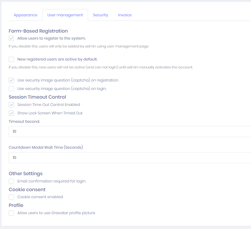 User management settings User management settings